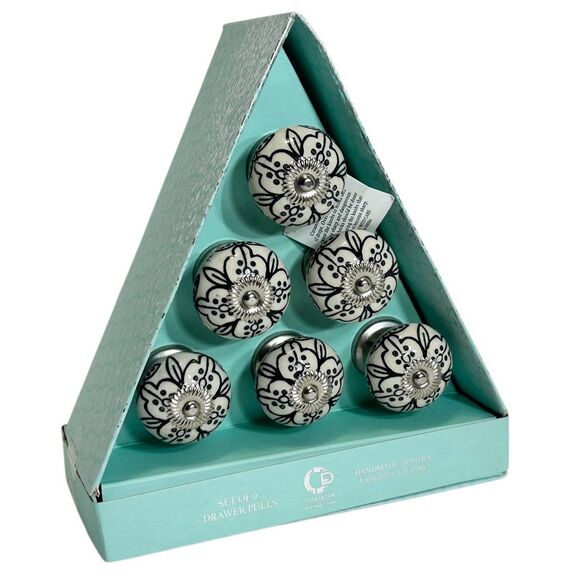 Casa Decor 6 White With Black Accents Drawer Pulls Knobs W Silver Filigree New - Picture 3 of 6
